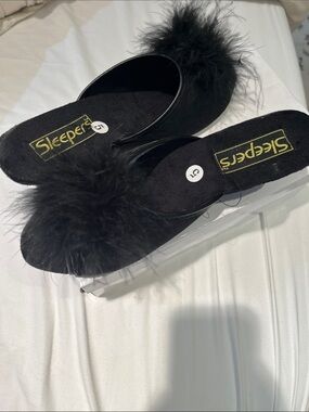 Sleeper Black Marabou Slide with Pom Detail